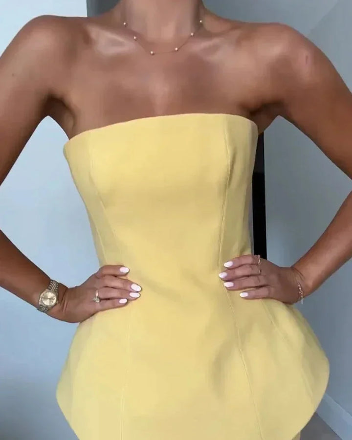 Women's Strapless Maxi Dress with Peplum Waist and Ribbed Skirt