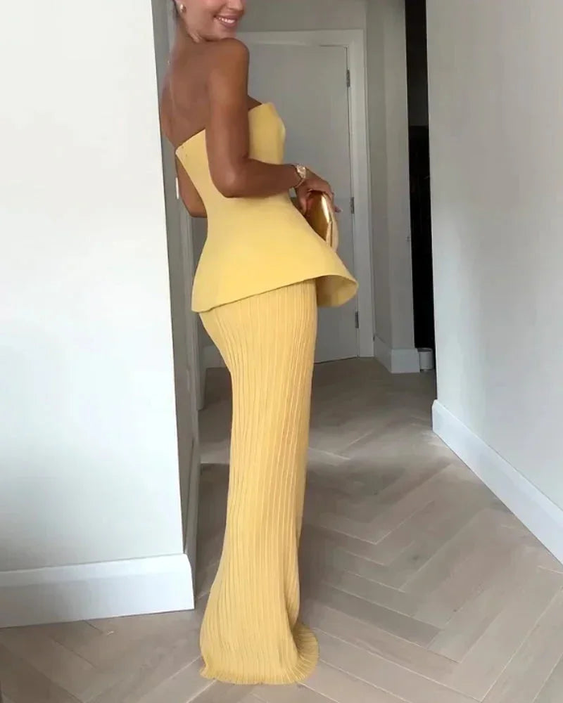 Women's Strapless Maxi Dress with Peplum Waist and Ribbed Skirt