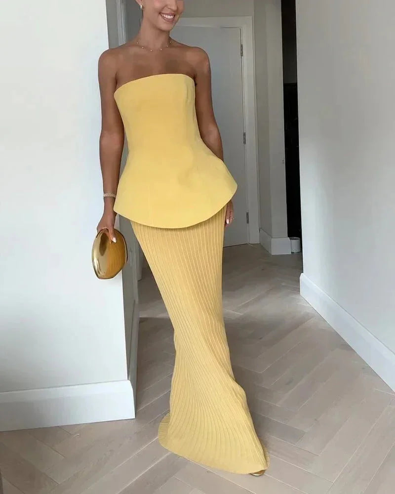 Women's Strapless Maxi Dress with Peplum Waist and Ribbed Skirt