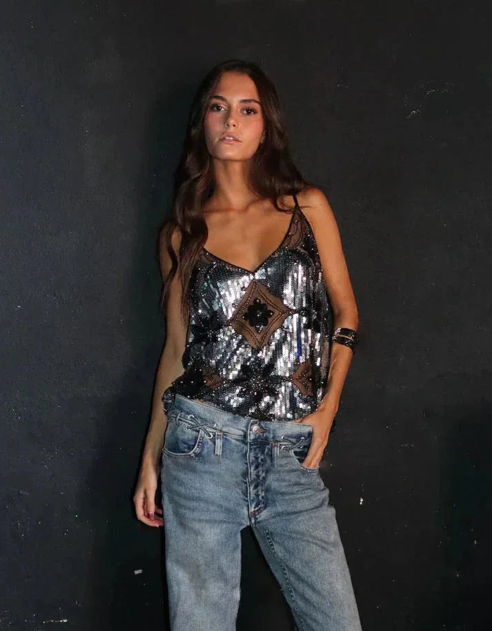 Women's Sequin Top with V Neck and Sleeveless Design