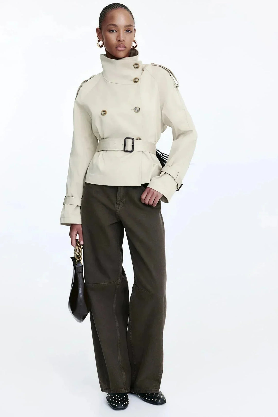 Women's Double Breasted Jacket with High Neck and Belted Waist