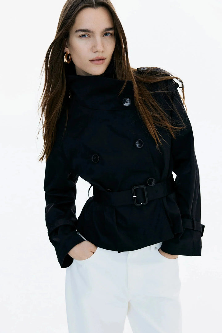 Women's Double Breasted Jacket with High Neck and Belted Waist