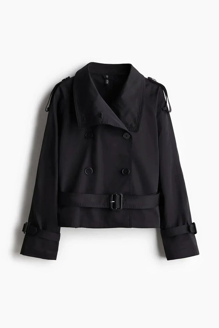 Women's Double Breasted Jacket with High Neck and Belted Waist