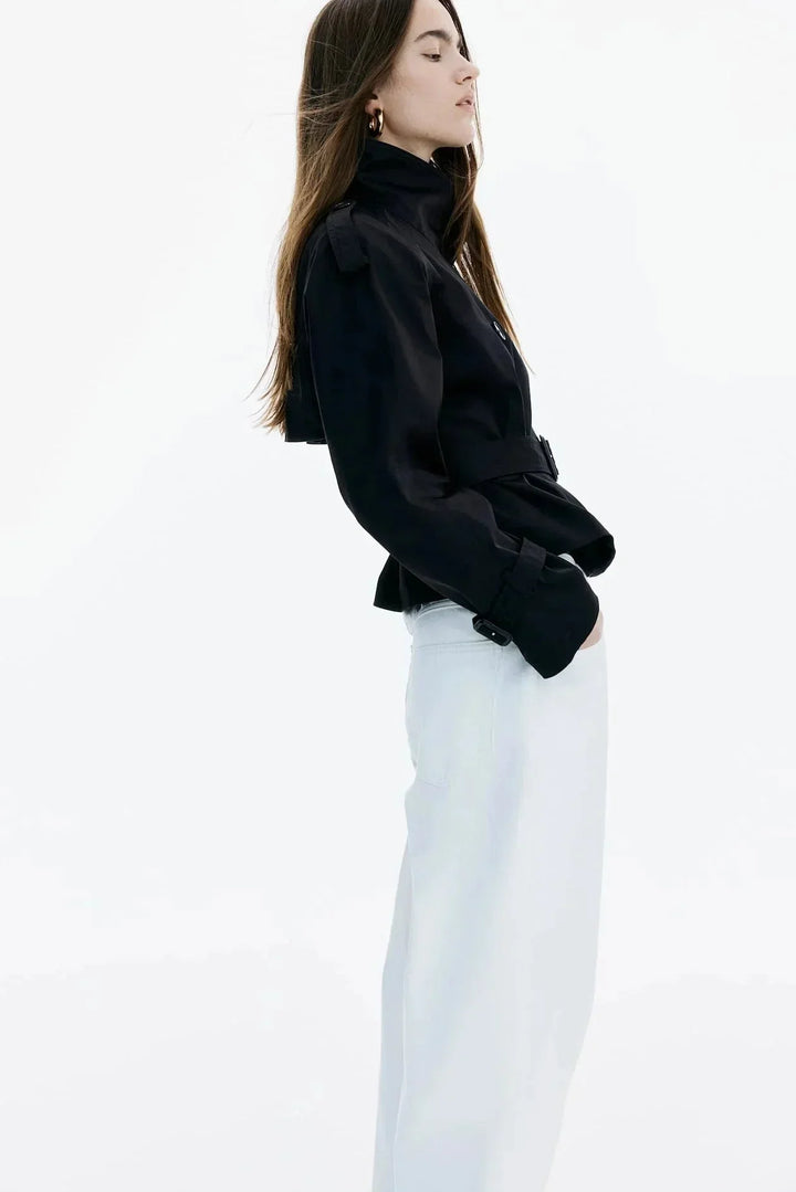 Women's Double Breasted Jacket with High Neck and Belted Waist