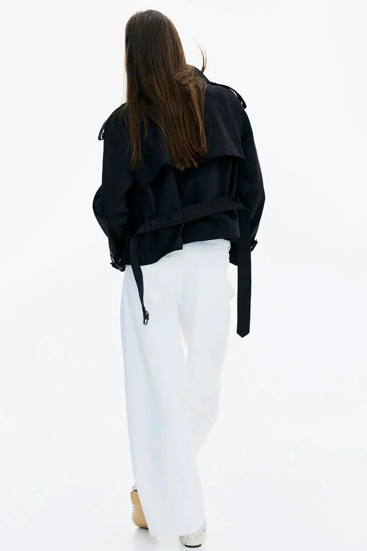 Women's Double Breasted Jacket with High Neck and Belted Waist