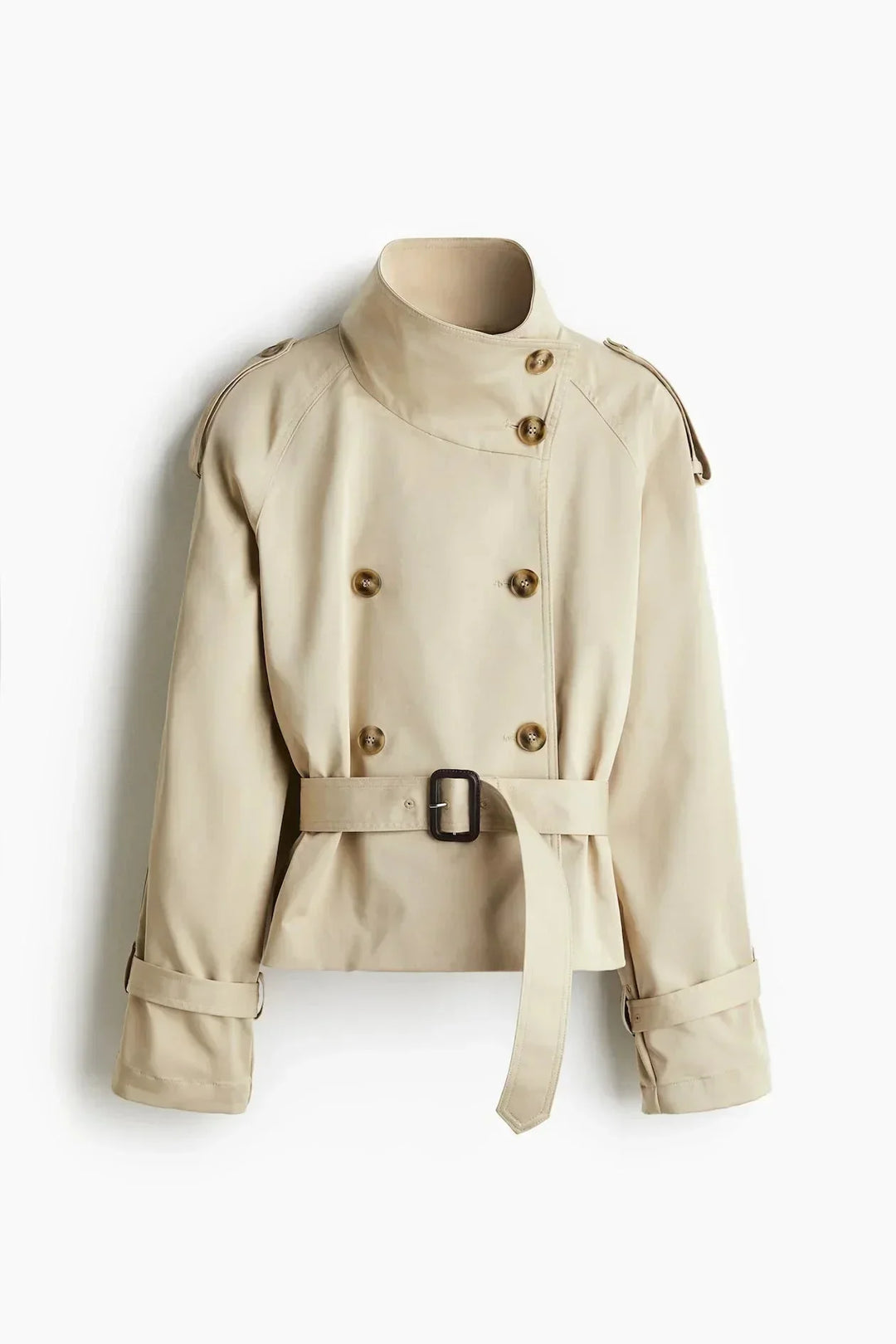 Women's Double Breasted Jacket with High Neck and Belted Waist