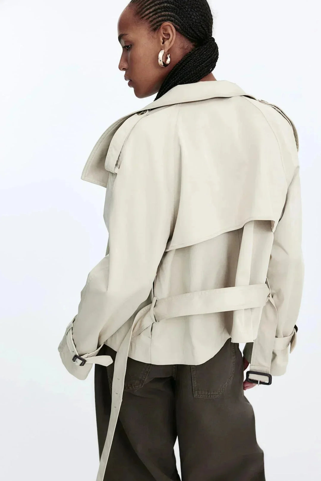 Women's Double Breasted Jacket with High Neck and Belted Waist