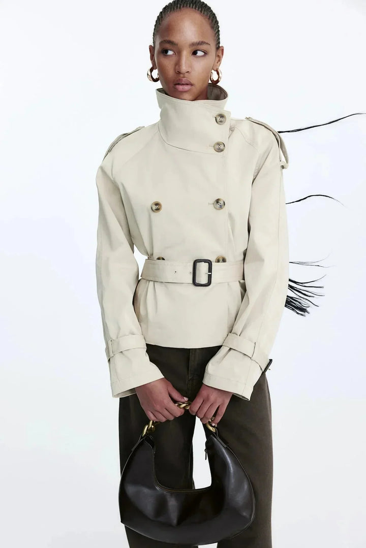Women's Double Breasted Jacket with High Neck and Belted Waist