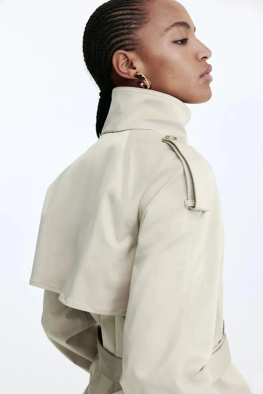 Women's Double Breasted Jacket with High Neck and Belted Waist