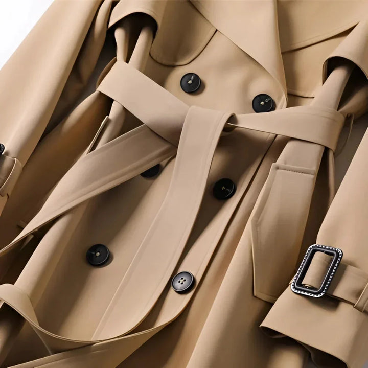 Women's Double Breasted Trench Coat with Belted Waist and Storm Flap
