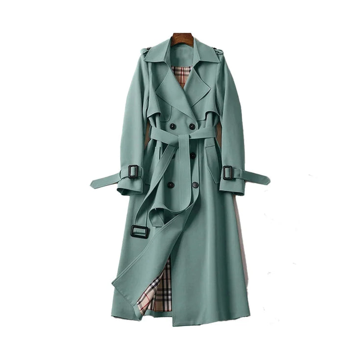 Women's Double Breasted Trench Coat with Belted Waist and Storm Flap