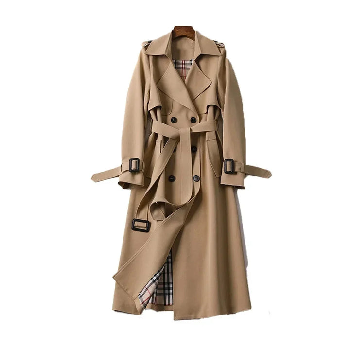 Women's Double Breasted Trench Coat with Belted Waist and Storm Flap