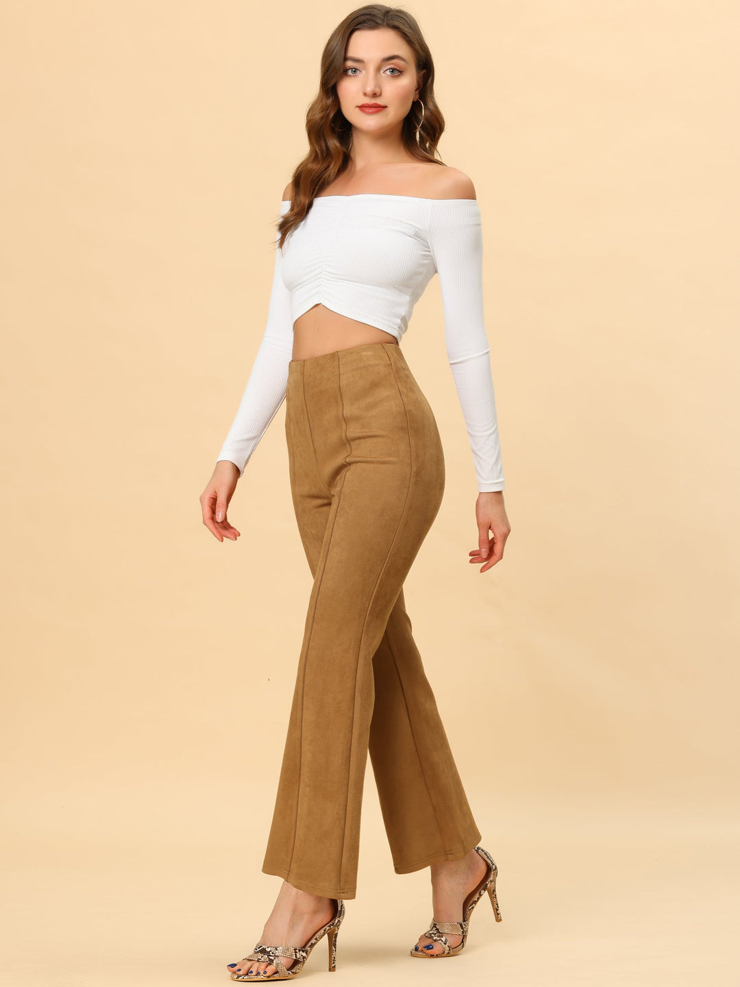 Women's High Waist Trousers with Flared Leg and Side Split