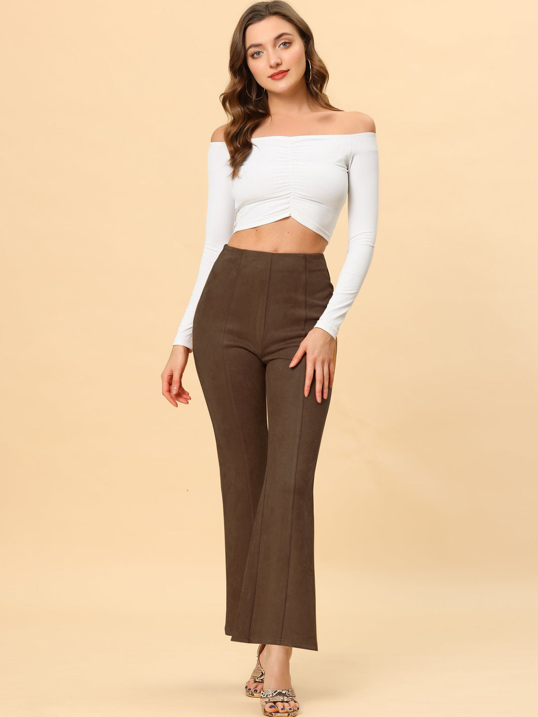 Women's High Waist Trousers with Flared Leg and Side Split