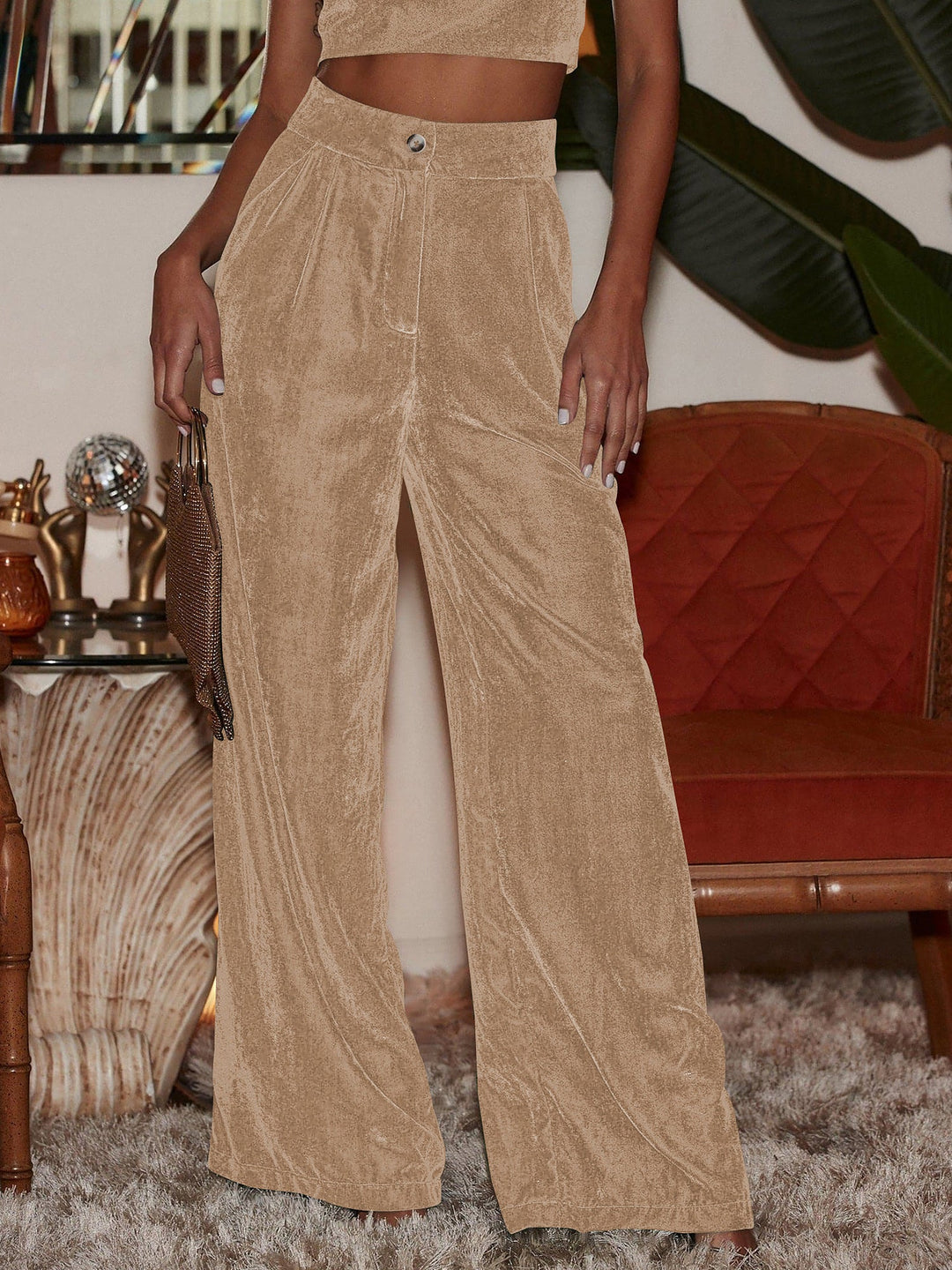 Women's Wide Leg Trousers with High Waist and Side Split