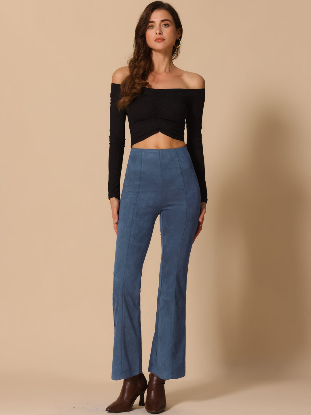 Women's High Waist Trousers with Flared Leg and Side Split