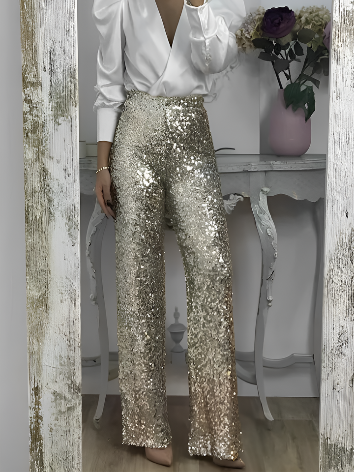 Women's Sequin Trousers with High Waist and Wide Leg