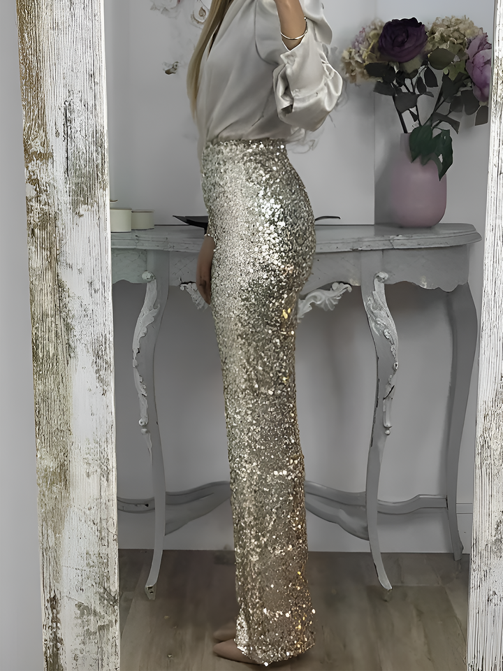 Women's Sequin Trousers with High Waist and Wide Leg