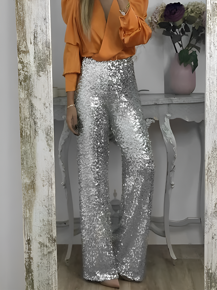 Women's Sequin Trousers with High Waist and Wide Leg