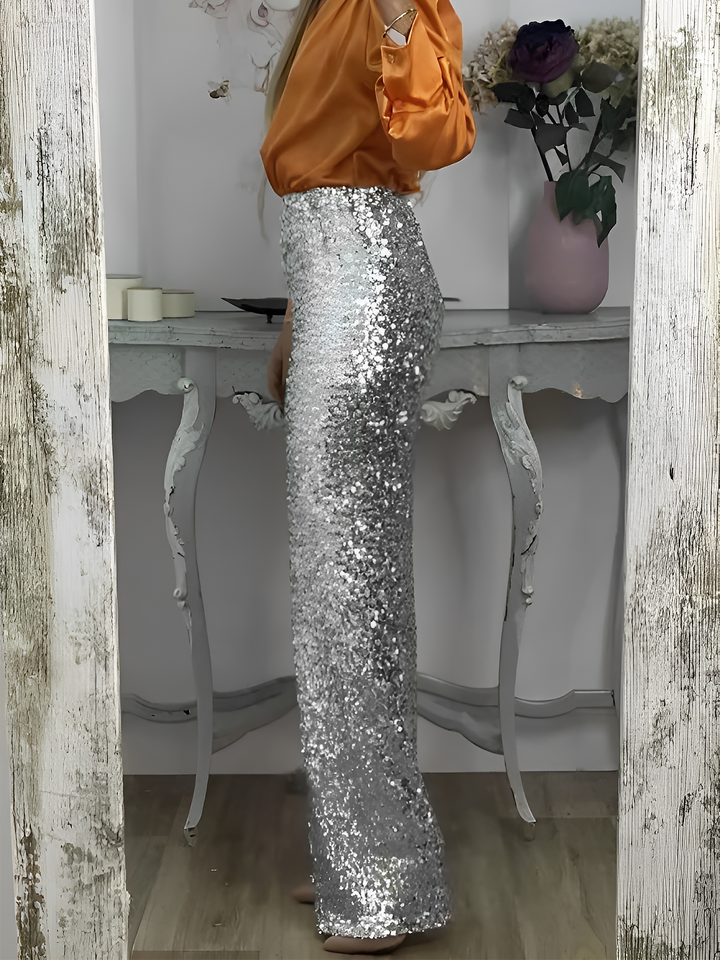 Women's Sequin Trousers with High Waist and Wide Leg