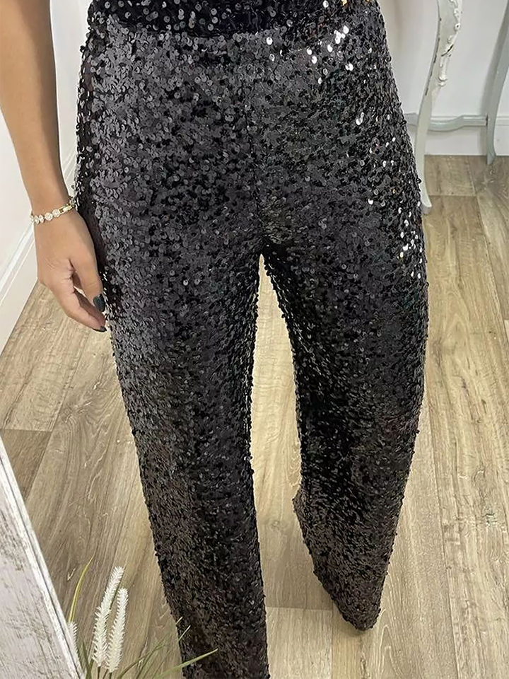 Women's Sequin Trousers with High Waist and Wide Leg