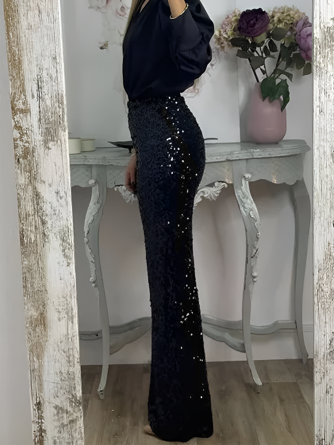 Women's Sequin Trousers with High Waist and Wide Leg