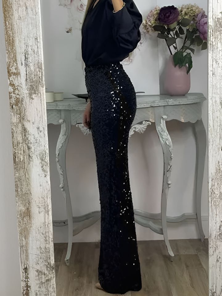 Women's Sequin Trousers with High Waist and Wide Leg