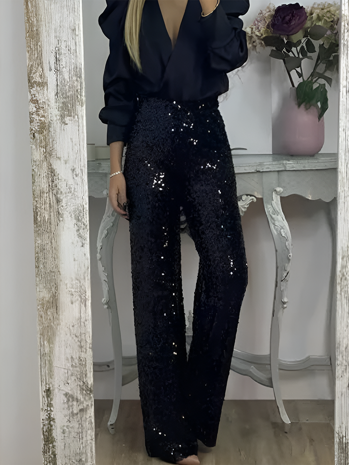 Women's Sequin Trousers with High Waist and Wide Leg