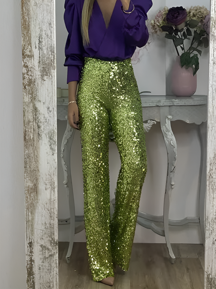 Women's Sequin Trousers with High Waist and Wide Leg