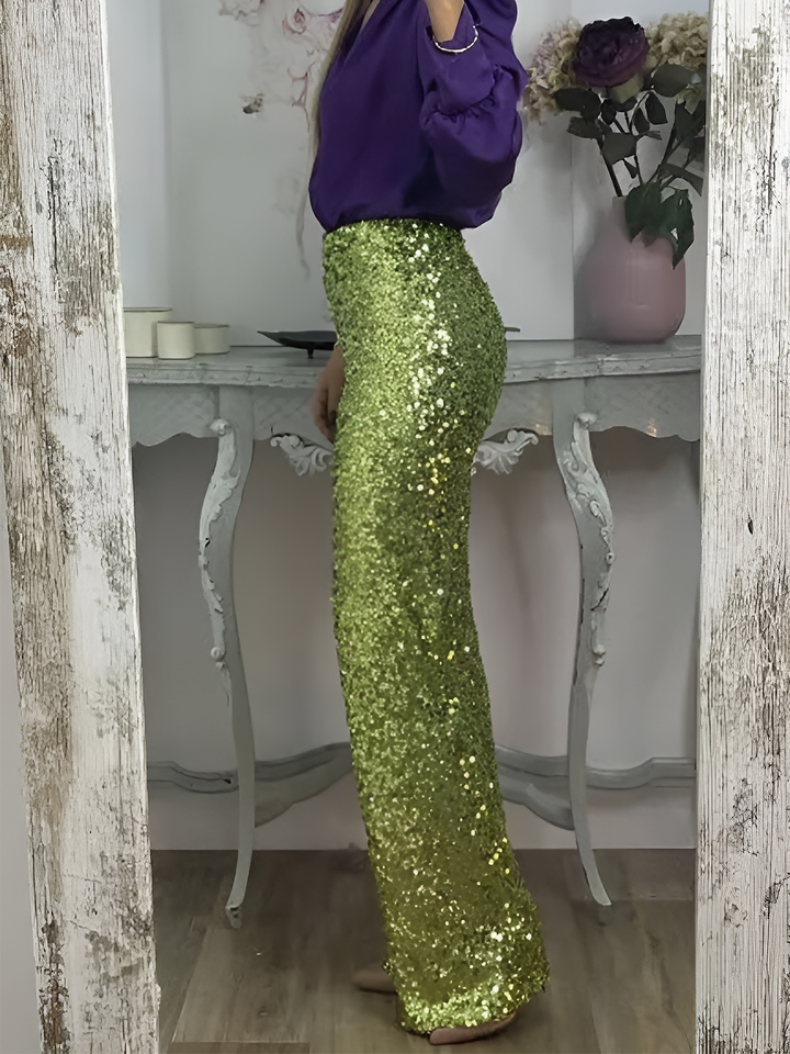 Women's Sequin Trousers with High Waist and Wide Leg