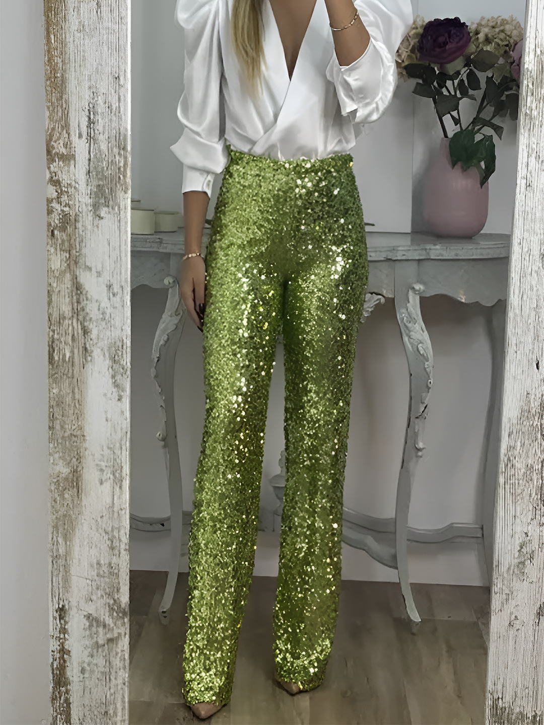 Women's Sequin Trousers with High Waist and Wide Leg