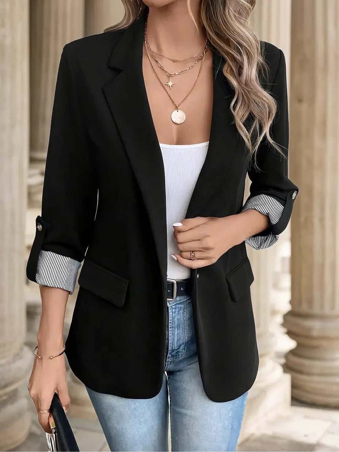 Women's Tailored Blazer with Notch Lapels and Ruched Sleeves