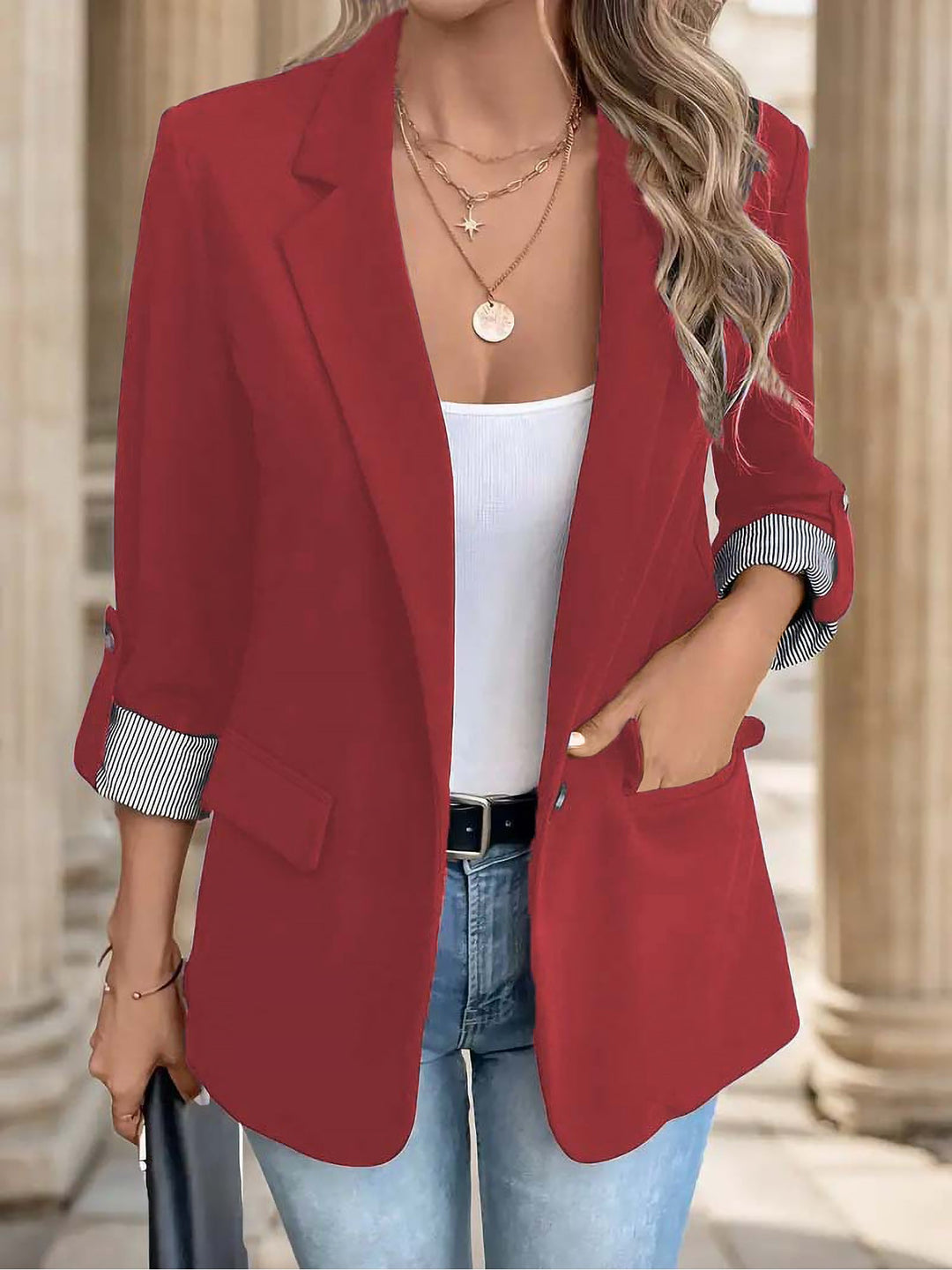 Women's Tailored Blazer with Notch Lapels and Ruched Sleeves
