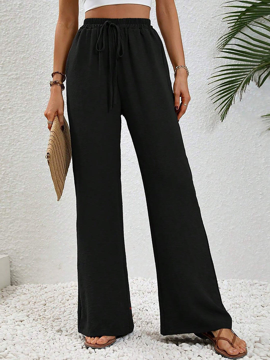 Women's Wide Leg Trousers with High Waist and Drawstring Waist