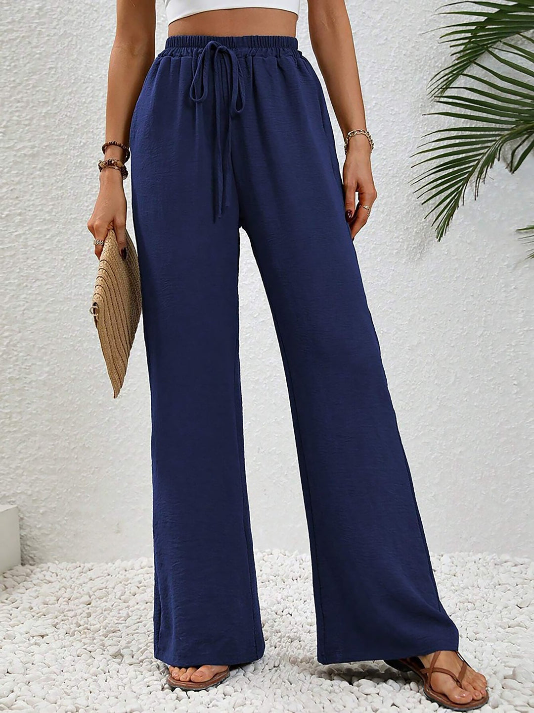 Women's Wide Leg Trousers with High Waist and Drawstring Waist