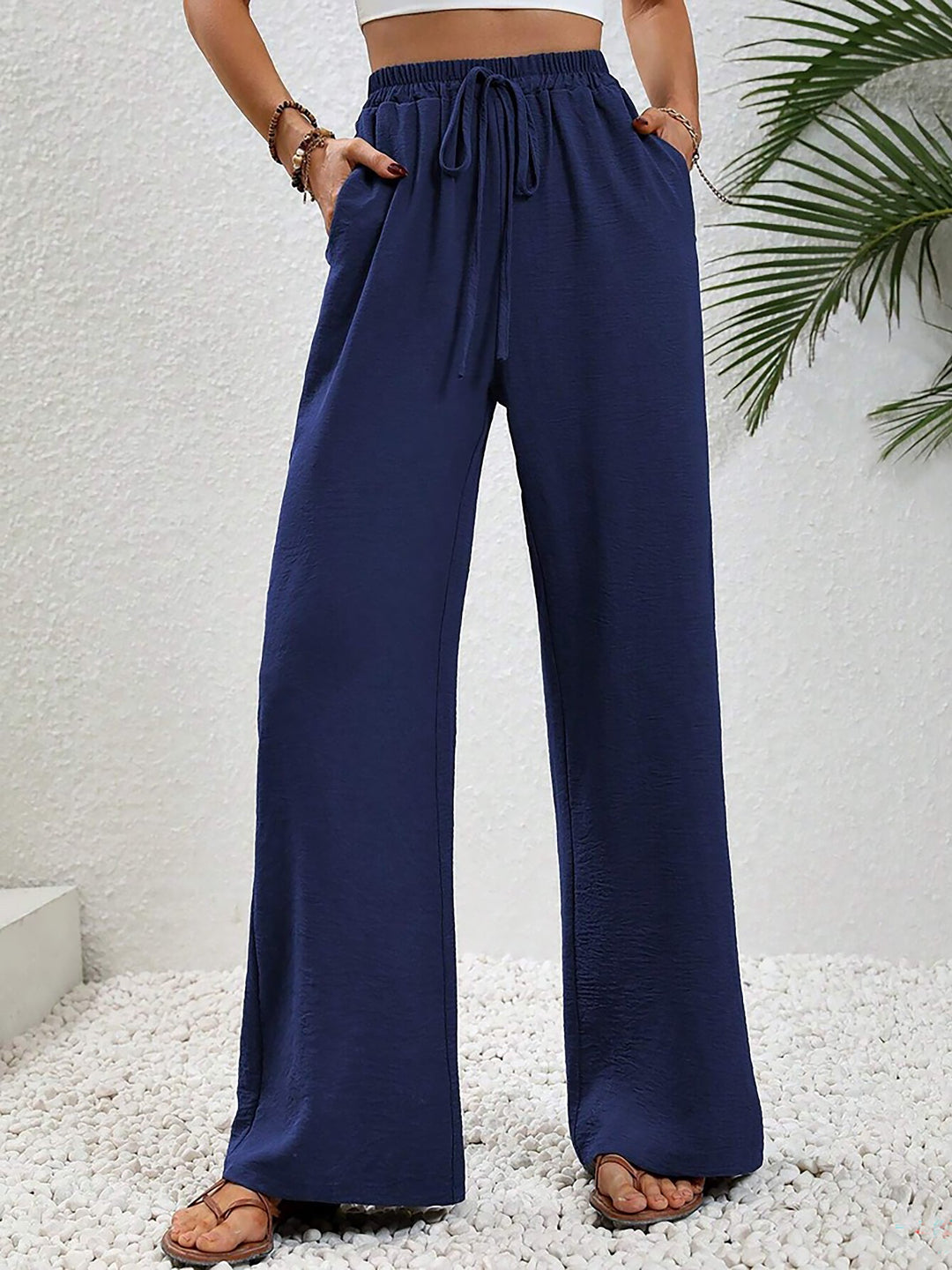 Women's Wide Leg Trousers with High Waist and Drawstring Waist