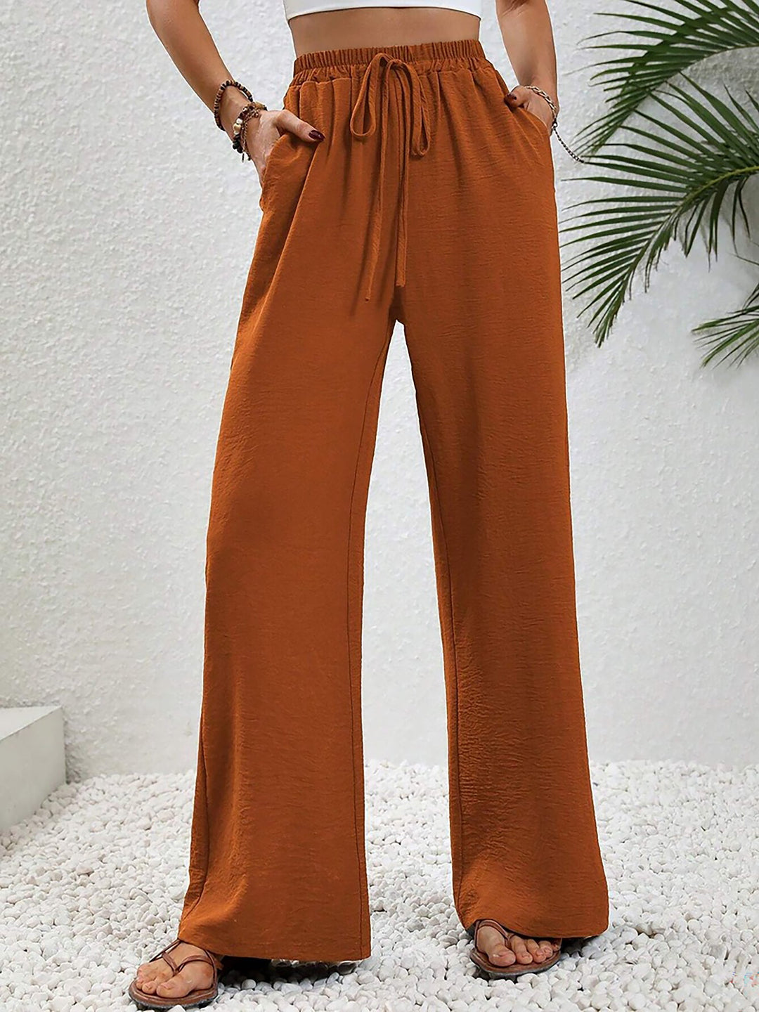Women's Wide Leg Trousers with High Waist and Drawstring Waist