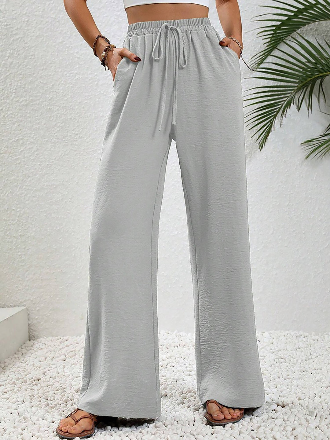 Women's Wide Leg Trousers with High Waist and Drawstring Waist