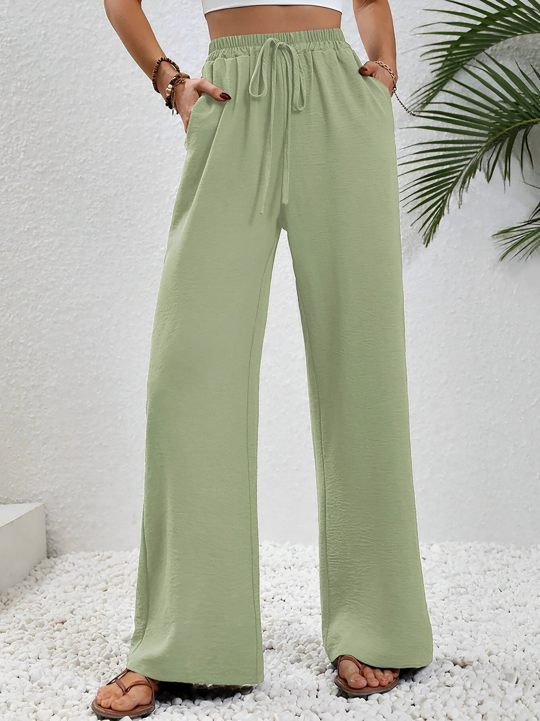Women's Wide Leg Trousers with High Waist and Drawstring Waist