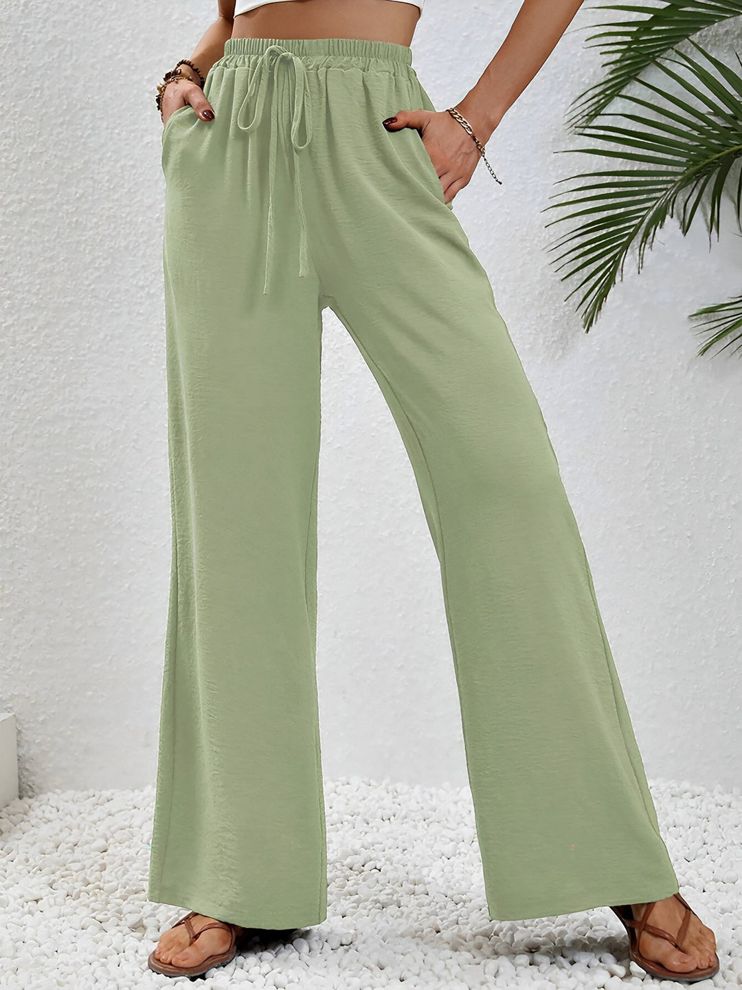 Women's Wide Leg Trousers with High Waist and Drawstring Waist