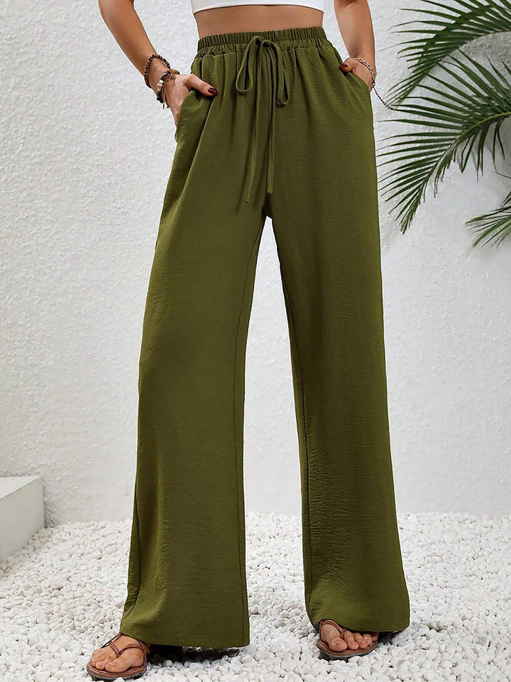 Women's Wide Leg Trousers with High Waist and Drawstring Waist
