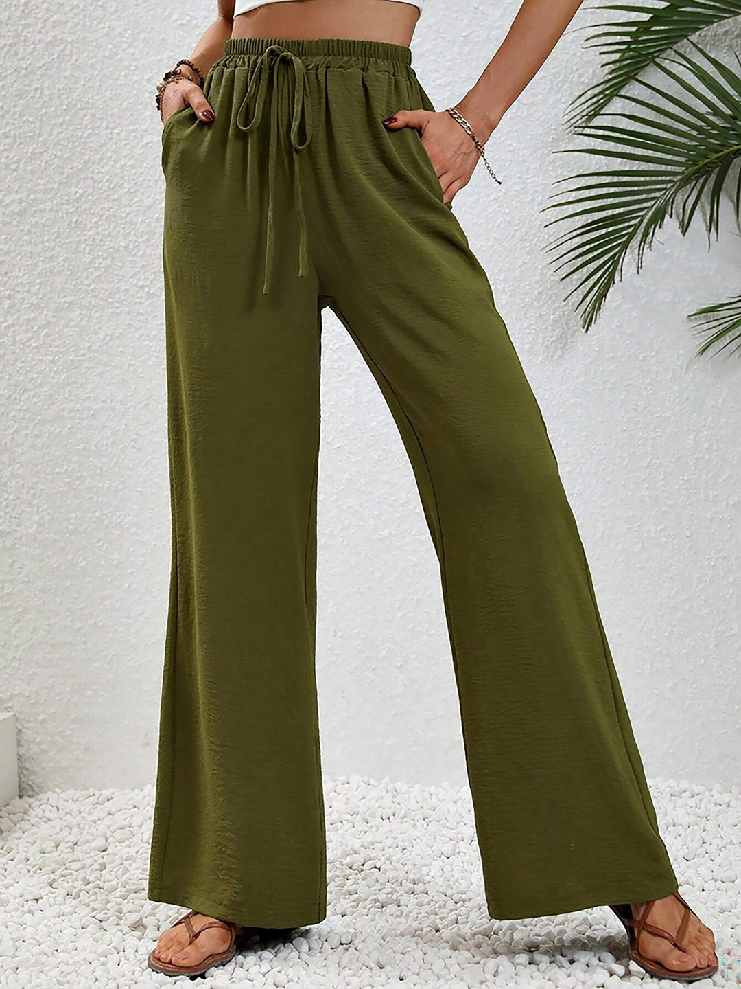Women's Wide Leg Trousers with High Waist and Drawstring Waist