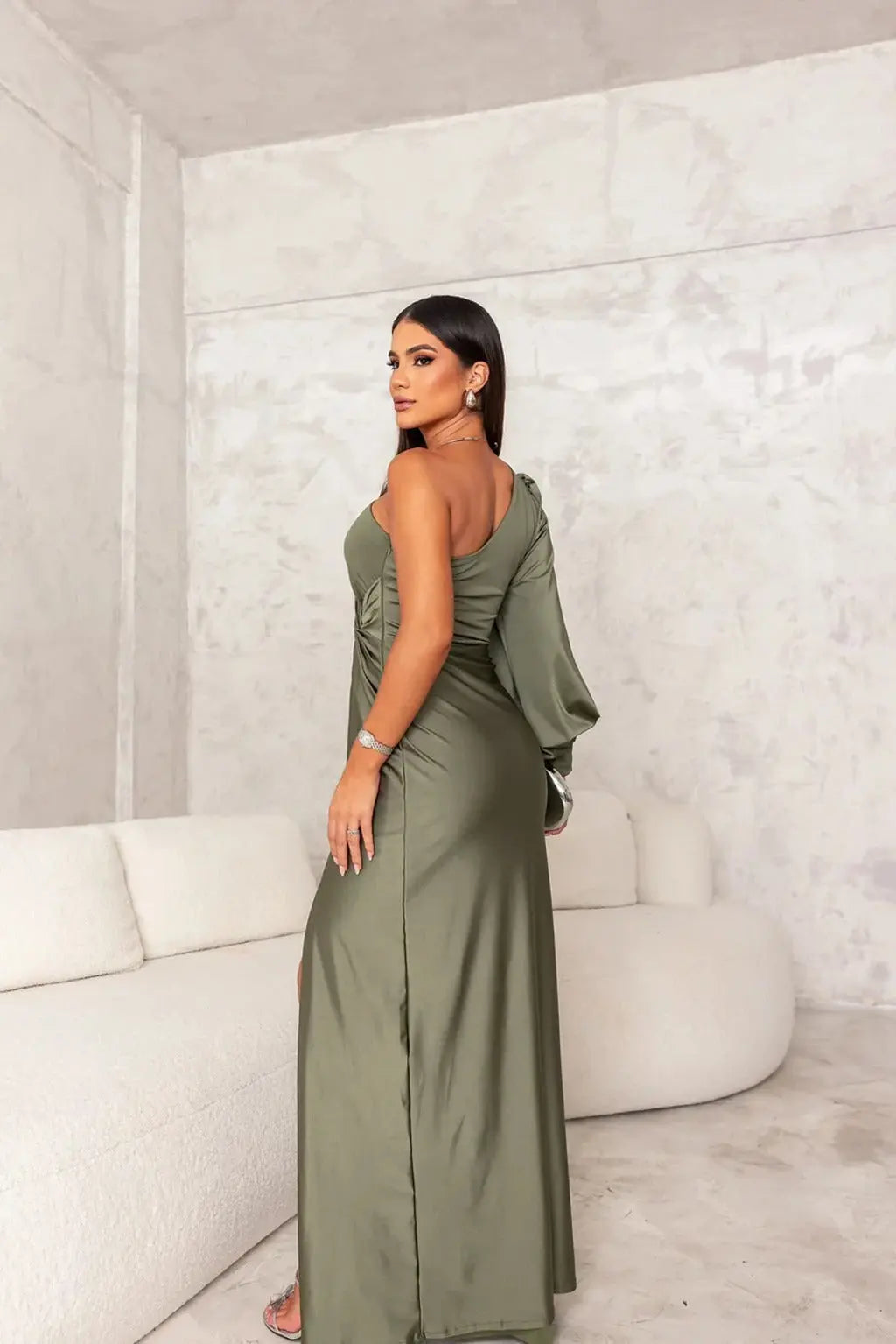 Women's One Shoulder Maxi Dress with Ruched Waist and Thigh Split