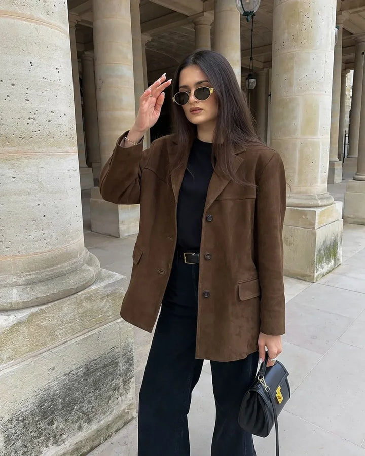 Women's Suede Blazer with Notch Lapel and Front Pockets