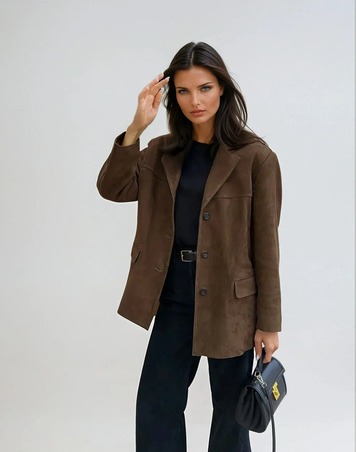Women's Suede Blazer with Notch Lapel and Front Pockets