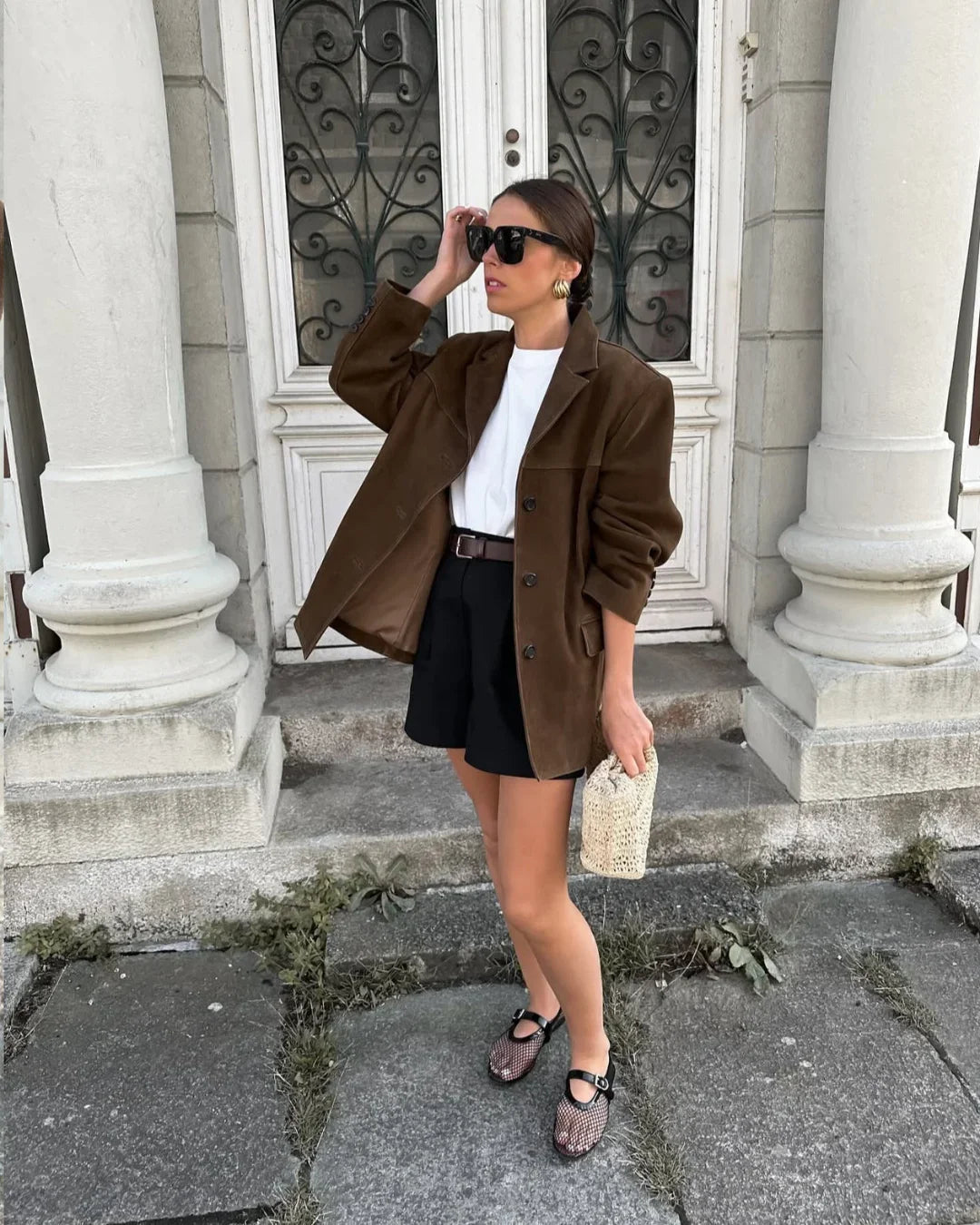 Women's Suede Blazer with Notch Lapel and Front Pockets