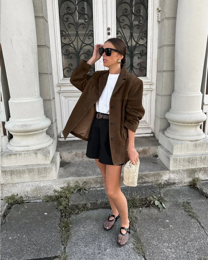 Women's Suede Blazer with Notch Lapel and Front Pockets