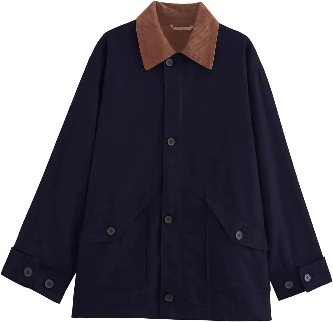 Women's Oversized Jacket with Contrast Collar and Button Front