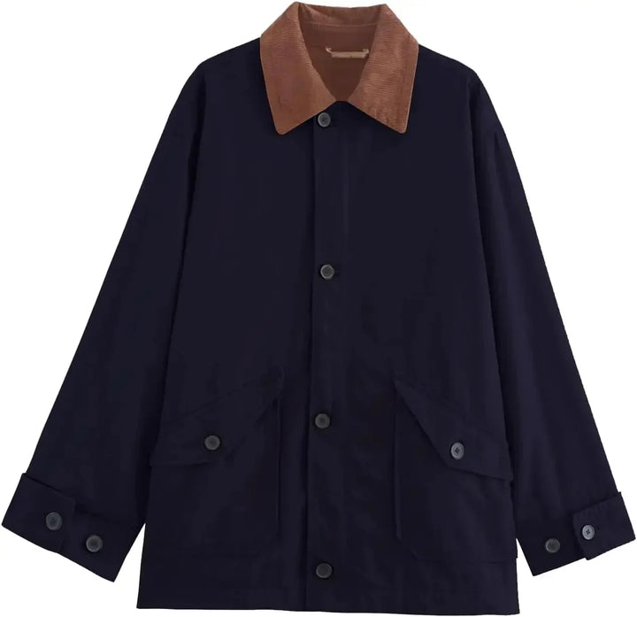 Women's Oversized Jacket with Contrast Collar and Button Front