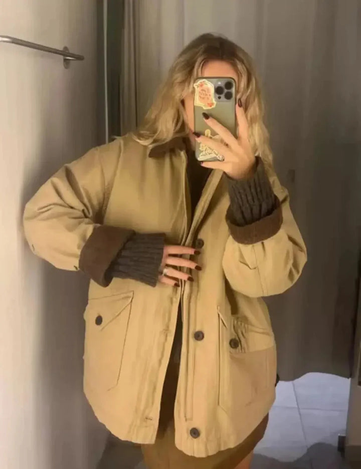 Women's Oversized Jacket with Contrast Collar and Button Front